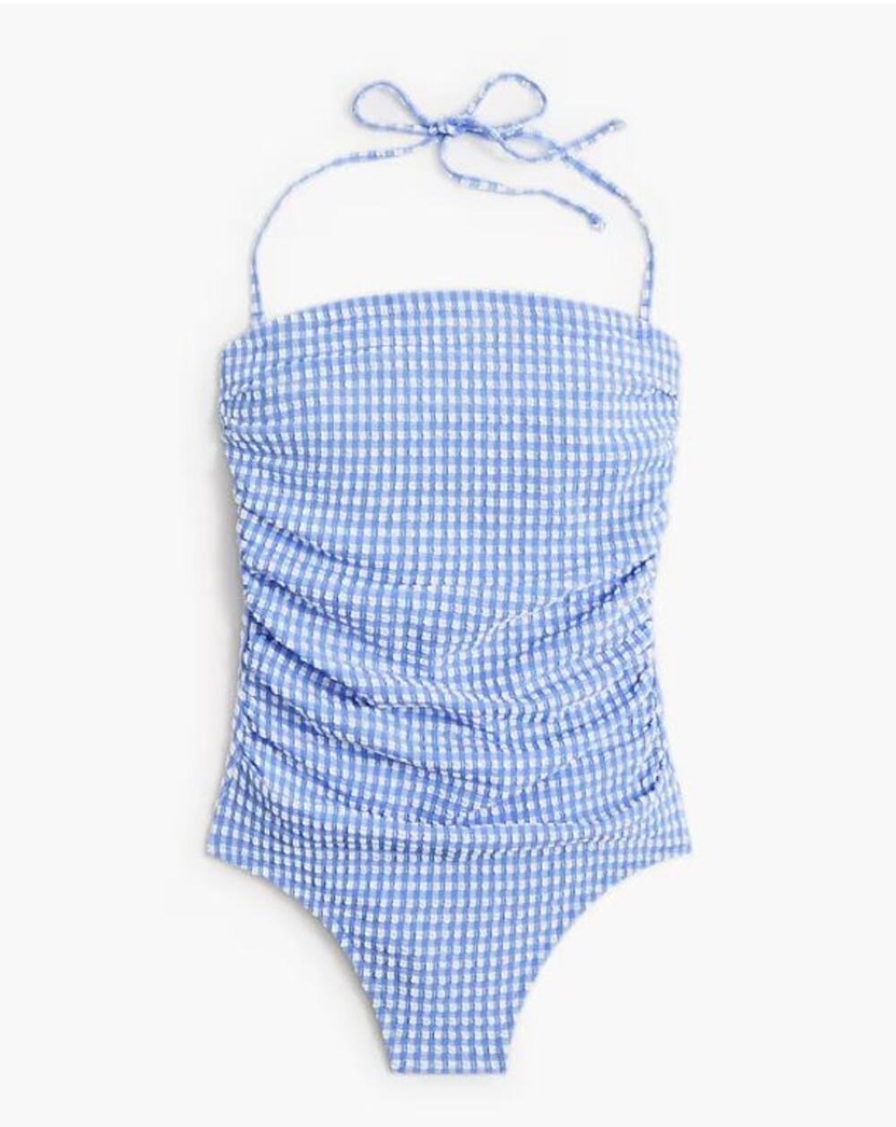 NWT J. Crew Strapless Seersucker One-Piece Swimsuit L $128 Gingham Coastal Prepp